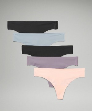 Lululemon InvisiWear Mid-Rise Thong Underwear 5 Pack Negros Negros Lavanda Azules Rosas Blancos | 214870RJT